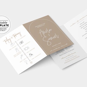 Puede incluir: Una plantilla de programa de ceremonia de boda con una línea de tiempo de los eventos del día, que incluye fotos, cócteles, cena, discursos, pastel y buenas noches. El programa también incluye el orden de la ceremonia, con detalles como la procesión, las lecturas y los votos. La plantilla está diseñada en un estilo minimalista con un fondo marrón y texto blanco.