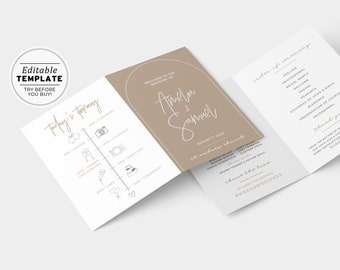 Nue Minimalist Wedding Program Template, Modern Order of Service, Wedding Timeline, Printable Ceremony Program, Folded Program #038