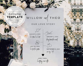 Juliette Minimalist Love Story Wedding Timeline with Icons Sign Template, Keepsake | EDITABLE TEMPLATE #004