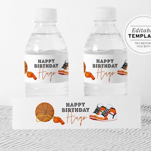 Minimalist Basketball Theme Birthday Party Water Bottle Wrapper Printable | EDITABLE TEMPLATE #067