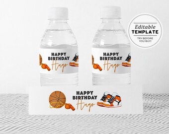 Minimalist Basketball Theme Birthday Party Water Bottle Wrapper Printable | EDITABLE TEMPLATE #067
