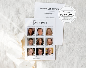 Born in 1963 Birthday Party Game, Celebrities born in 1963, Printable | INSTANT DOWNLOAD #004 Juliette Minimalist