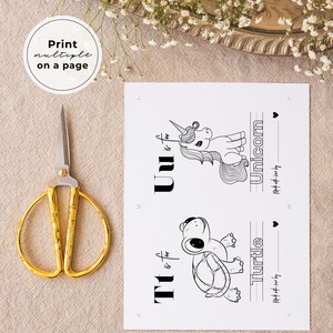 May include: Black and white printable alphabet flash cards featuring a unicorn and a turtle. The cards include the letters "U" and "T" and the words "Unicorn" and "Turtle".