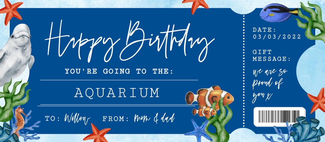 Printable Aquarium Ticket Birthday Gift Template Surprise - Etsy