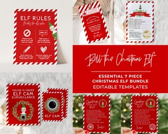 Essential Christmas Elf Bundle Template, 7 piece set, Elf on the Shelf Signs | EDITABLE TEMPLATE Bell #092
