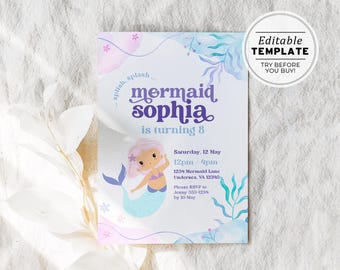 Watercolor Mermaid Themed Birthday Party Invitation | Mermaid Missy | EDITABLE TEMPLATE #112