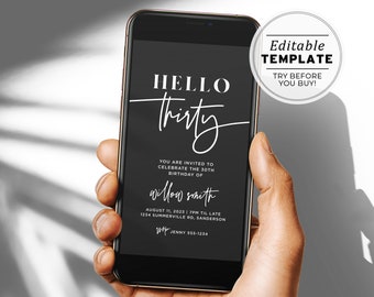 Hello Thirty Willow Minimalist 30th Birthday Party Digital e-Invite | EDITABLE TEMPLATE #028