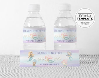 Coralia Mermaid Watercolor Birthday Party Water Bottle Wrapper, Printable Party Drink Labels | EDITABLE TEMPLATE #084