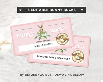 Printable Easter Bunny Coupons, Bunny Bucks, Easter Basket Fillers, Easter Egg Fillers, Personalized Easter Basket | EDITABLE TEMPLATE #099
