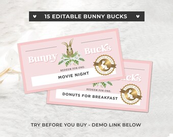 Printable Easter Bunny Coupons, Bunny Bucks, Easter Basket Fillers, Easter Egg Fillers, Personalized Easter Basket | EDITABLE TEMPLATE #099