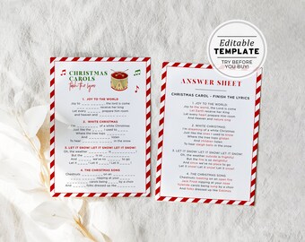 Finish the Christmas Carol Holiday Game, Name the Lyrics, Party Games, Christmas Activities, Holiday Game | PRINTABLE EDITABLE TEMPLATE
