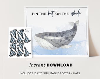 Kids Party Game, Pin the Hat on the Whale Printable Poster, Birthday Party Game, INSTANT DOWNLOAD