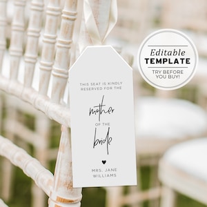 Reserved Seating Tag Printable Template | EDITABLE TEMPLATE #004 Juliette