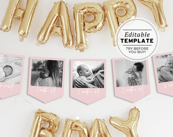 First Birthday Photo Banner Template, Baby's 1st Year Monthly Milestone Cards, Minimalist Photo Bunting, Editable Template #035 Blush