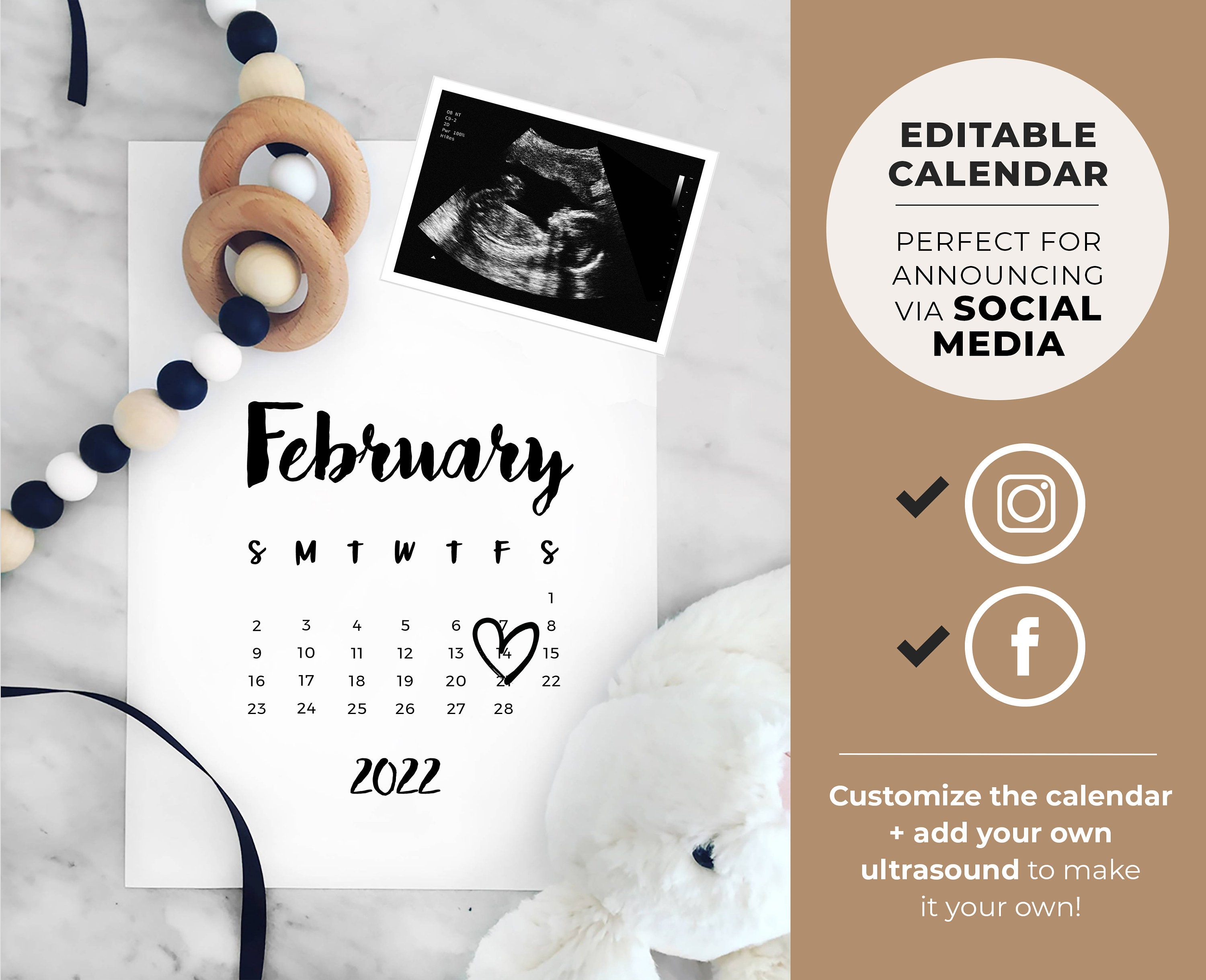 Pregnancy Announcement Digital, Social Media Due Date Calendar