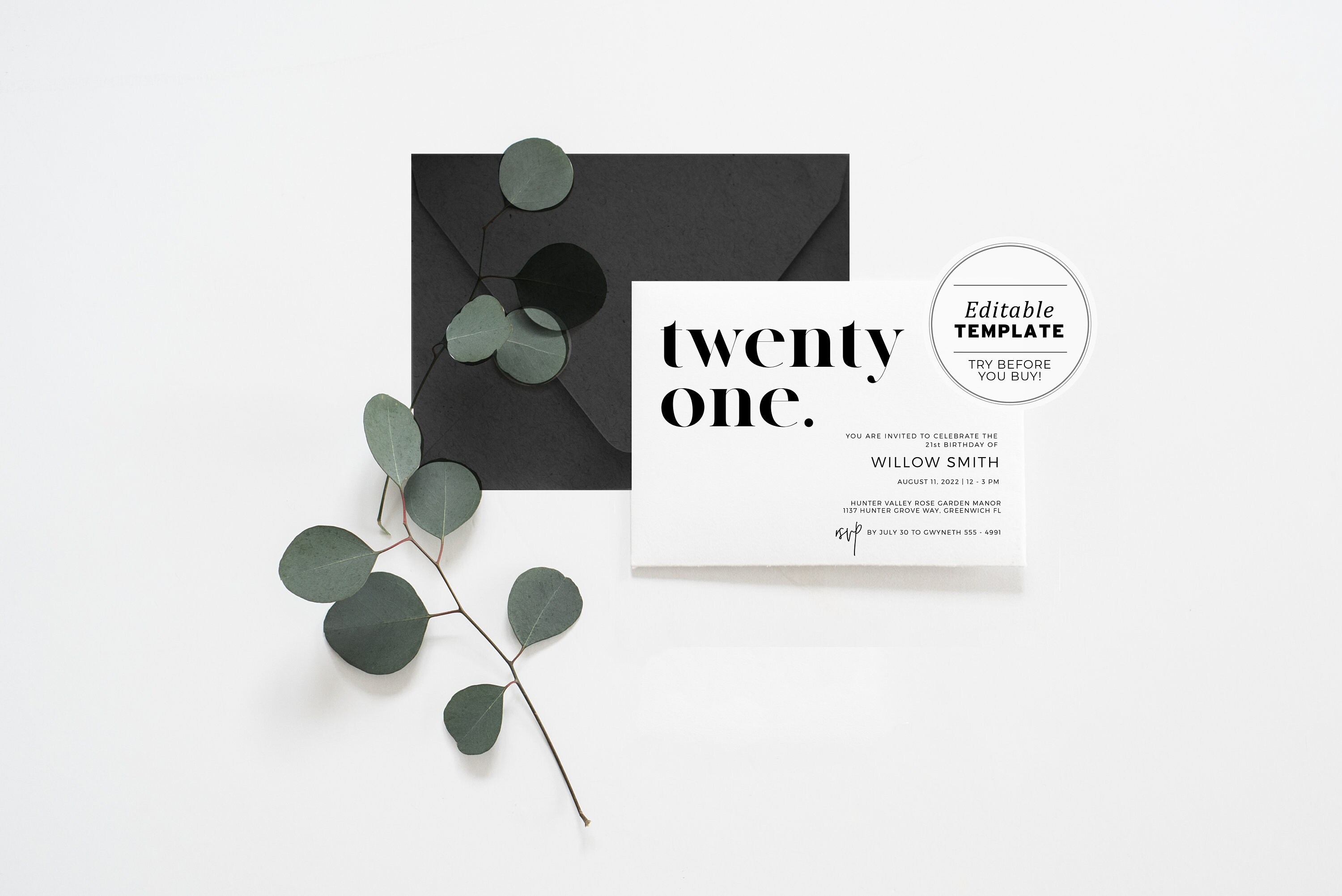 Twenty One Minimalist 21st Birthday Party Invitation Printable Card |  EDITABLE TEMPLATE #001