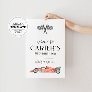 Red Race Car Watercolor Birthday Welcome Sign Poster | EDITABLE TEMPLATE, Printable #098 Red Racer