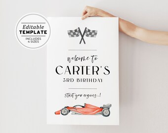 Red Race Car Watercolor Birthday Welcome Sign Poster | EDITABLE TEMPLATE, Printable #098 Red Racer