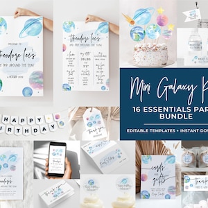 Mini Galaxy Theme Kids Party Bundle, 16 Essential Party Printables | EDITABLE TEMPLATES #076
