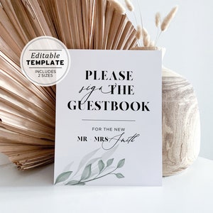 Chelsea Leafy Minimalist Wedding Guest Book Sign Printable, Please Sign Our Guest Book Sign Template, Wedding Guestbook Sign #068
