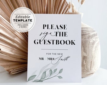 Chelsea Leafy Minimalist Wedding Guest Book Sign Printable, Please Sign Our Guest Book Sign Template, Wedding Guestbook Sign #068