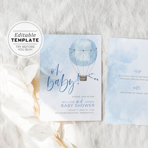 Blue Watercolor Hot Air Balloon Boy Baby Shower Invite | EDITABLE TEMPLATE