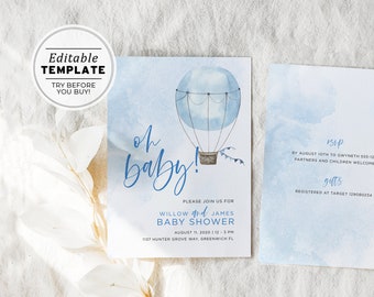 Blue Watercolor Hot Air Balloon Boy Baby Shower Invite | EDITABLE TEMPLATE