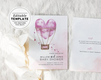 Pink Watercolor Hot Air Balloon Girl Baby Shower Invite | EDITABLE TEMPLATE