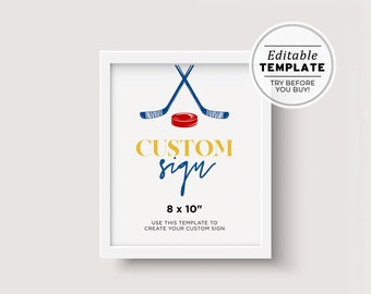 Minimalist Hockey Theme Customizable Blank Sign Printable Template 8x10" #101