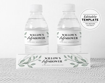 Chelsea Leafy Minimalist Baby Shower Water Bottle Label | EDITABLE TEMPLATE #068