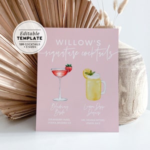Różowe minimalistyczne menu koktajlowe na wieczór panieński - 120 koktajli, szablon menu koktajlowego | EDYTOWALNY SZABLON #035