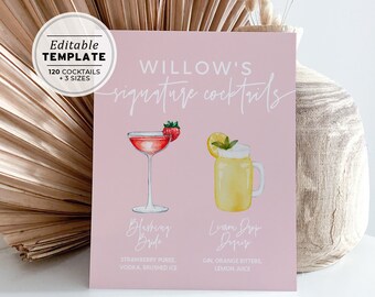 Blush Minimalist Bridal Shower Signature Cocktails Menu Sign - 120 Cocktails, Cocktail Menu Template | EDITABLE TEMPLATE #035