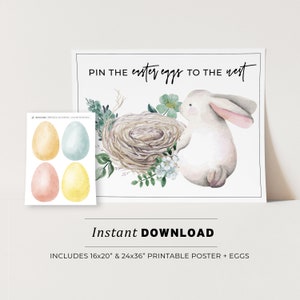 Printable Easter Bunny Game Pin the Eggs to the Nest, Easter Nest Printable Poster, Easter Party Game, Birthday Game | INSTANT DOWNLOAD #099