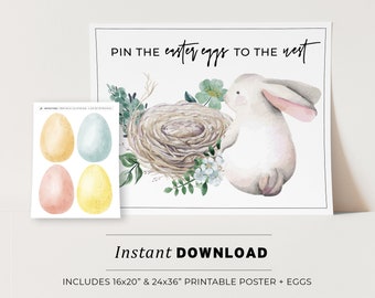 Printable Easter Bunny Game Pin the Eggs to the Nest, Easter Nest Printable Poster, Easter Party Game, Birthday Game | INSTANT DOWNLOAD #099