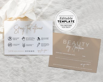 Nue Minimalist Spray Tan Aftercare and Appointment Card, Editable AfterCare Card | EDITABLE TEMPLATE #052 #043