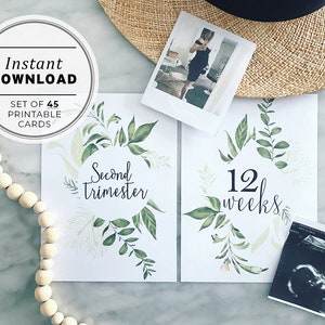 Pregnancy Milestone Cards, Set of 45, Printable Instant Download, Watercolor Greenery