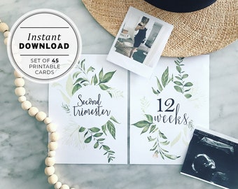 Pregnancy Milestone Cards, Set of 45, Printable Instant Download, Watercolor Greenery