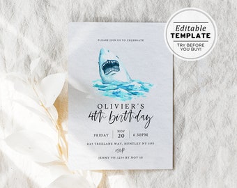 Minimalist Shark Kids Birthday Party Invite Template | EDITABLE TEMPLATE