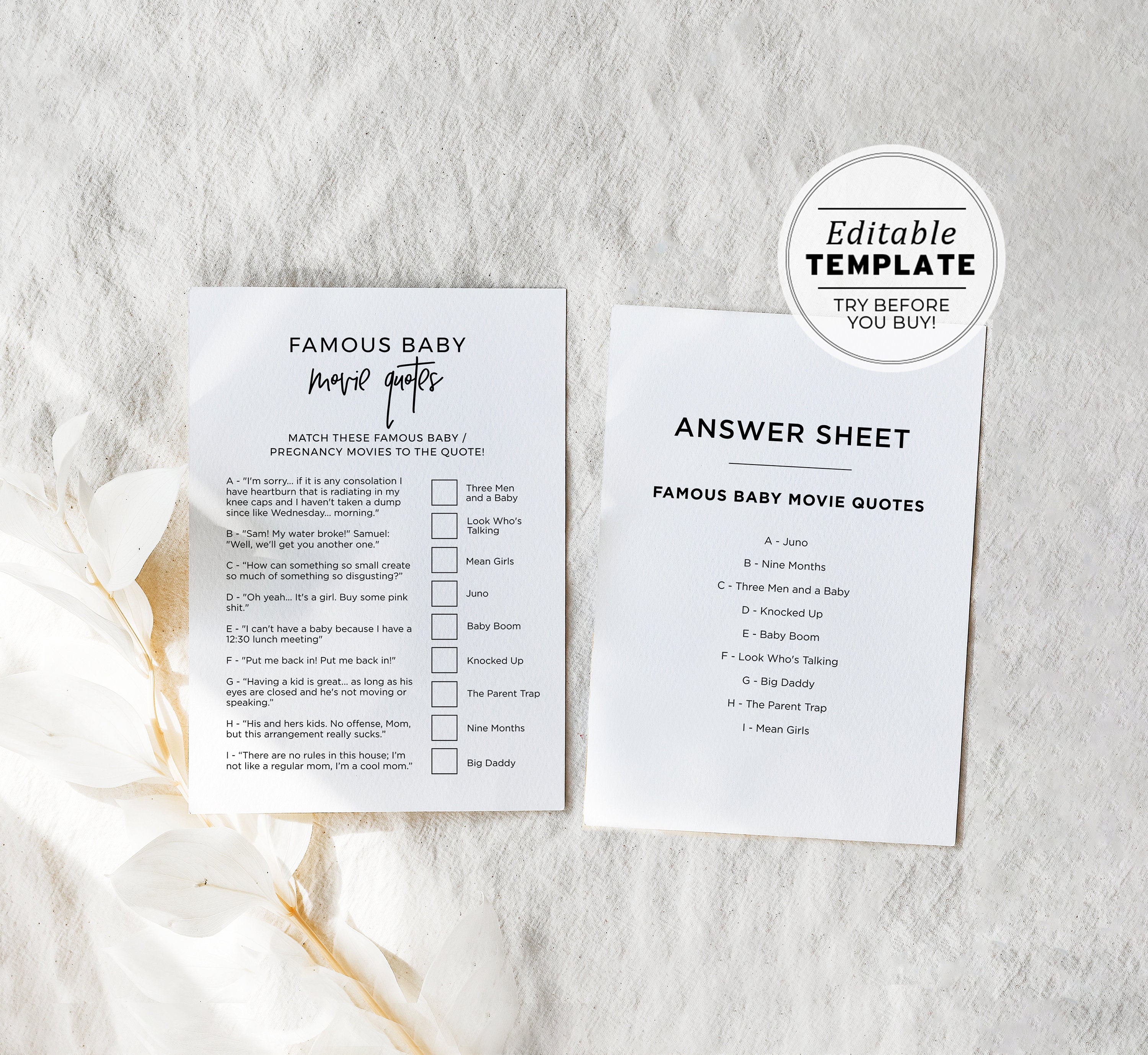 Baby Shower Famous Movie Quotes Game, Printable Games EDITABLE