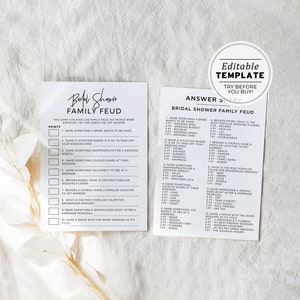 Bridal Shower Games, Family Feud, Minimalist Bachelorette Game, Hens Party Game, Digital Download, Printable Editable Template #004 Juliette