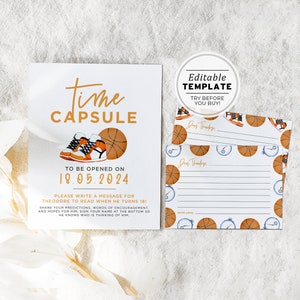 Modèle de capsule temporelle, capsule temporelle sur le thème du basket-ball, capsule temporelle d'anniversaire, signe et cartes, modèle modifiable imprimable #067