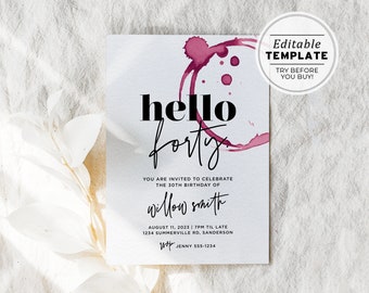 Hello 40 Red Wine Stain Minimalist 40th Birthday Party Invitation Printable Card | EDITABLE TEMPLATE #066