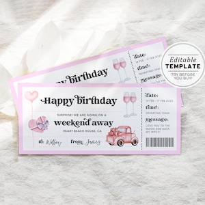 Printable Weekend Away Birthday Gift Voucher Template, Surprise Weekend Away Gift Voucher, Birthday Coupon | EDITABLE TEMPLATE #082