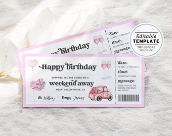 Printable Weekend Away Birthday Gift Voucher Template, Surprise Weekend Away Gift Voucher, Birthday Coupon | EDITABLE TEMPLATE #082
