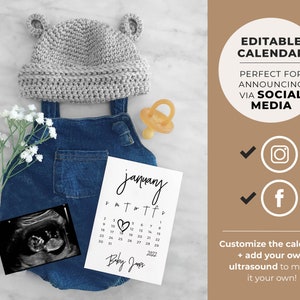Umi Digital Social Media Due Date Calendar Pregnancy Announcement, Editable Template