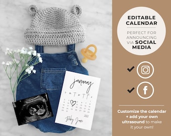 Umi Digital Social Media Due Date Calendar Pregnancy Announcement, Editable Template