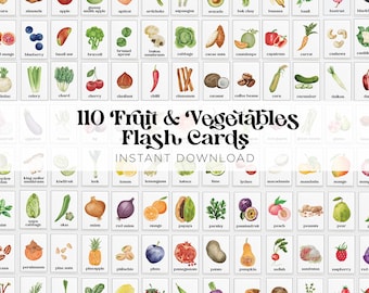 110 Fruit, Vegetables, Nuts and Herbs Flash Cards, Montessori Flash Cards, Watercolor Fruit and Vegetables, Teachers Aide, INSTANT DOWNLOAD