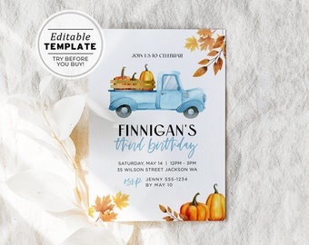 Finnigan Fall Themed Truck Birthday Party Invite Template | EDITABLE TEMPLATE #104