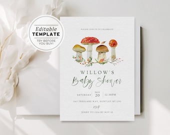 Minimalist Wild Mushroom Baby Shower Invitation | EDITABLE TEMPLATE #057