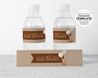 Teddy Bear Baby Shower Water Bottle Custom Label Printable | EDITABLE TEMPLATE #072